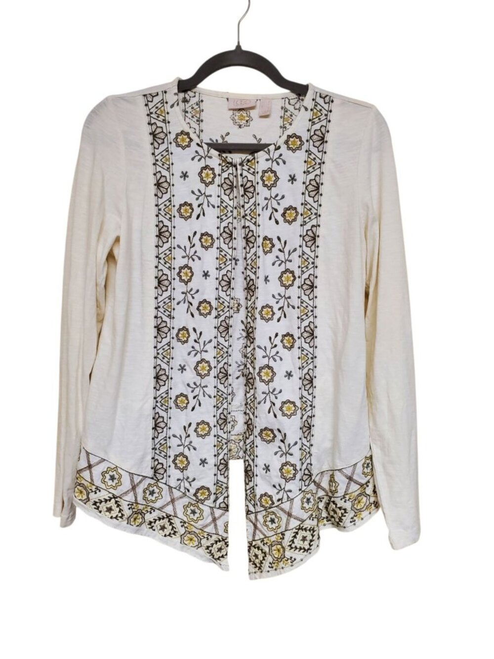 LOGO Lavish Women's Cream Boho Embroidered Open Front Lightweight Cardigan S